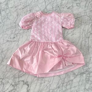 VINTAGE SYLVIA WHYTE PINK WHITE BOW DRESS SIZE 4T PUFF SLEEVE